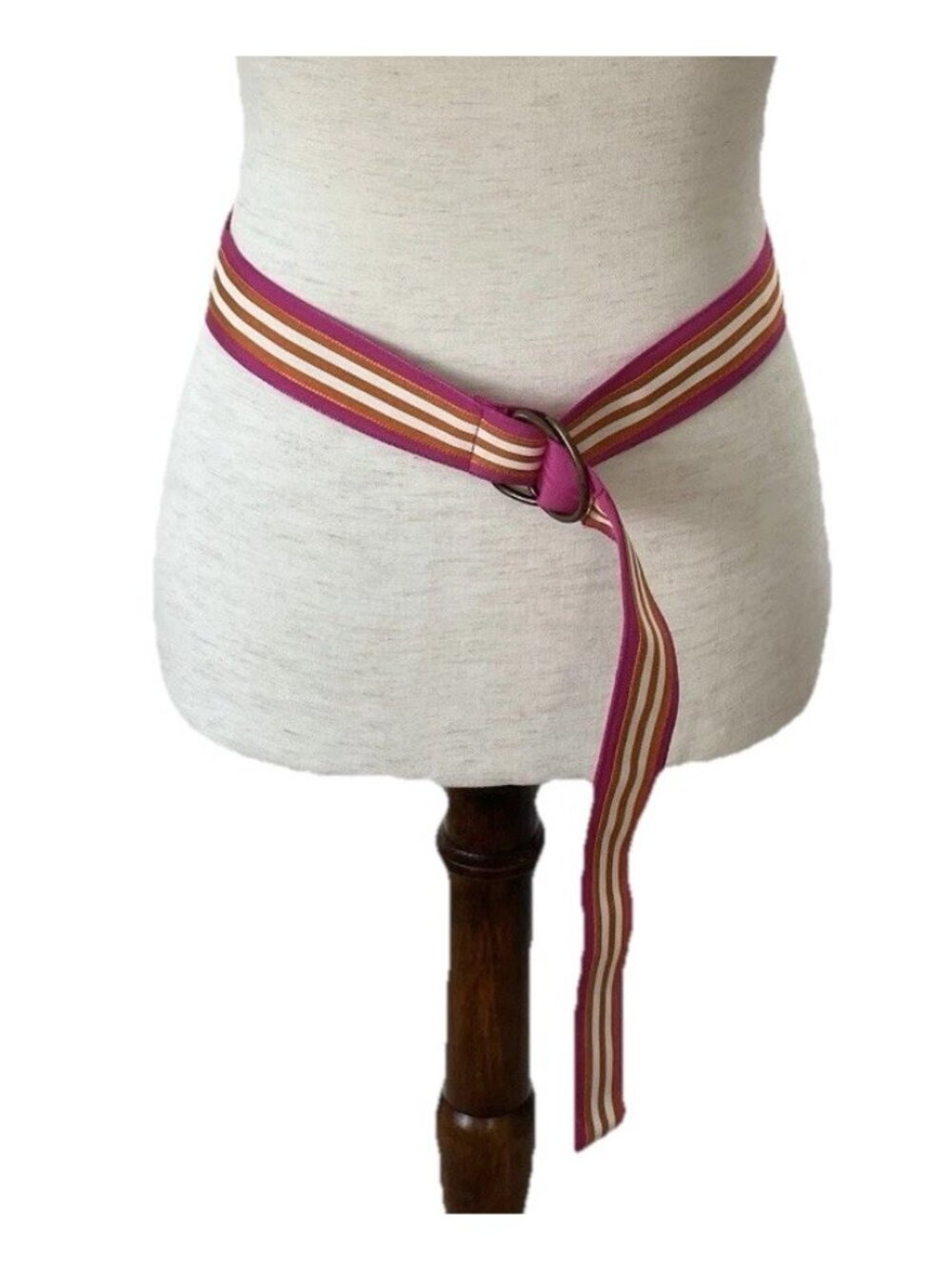 J Crew Womens Double D Ring Ribbon Belt Pink White Striped S M 39.5 In 1.5 In W
